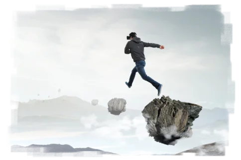 Ein Mann springt mutig von einem schwebenden Felsen zum nächsten – sinnbildlich für Veränderung und Aufbruch.